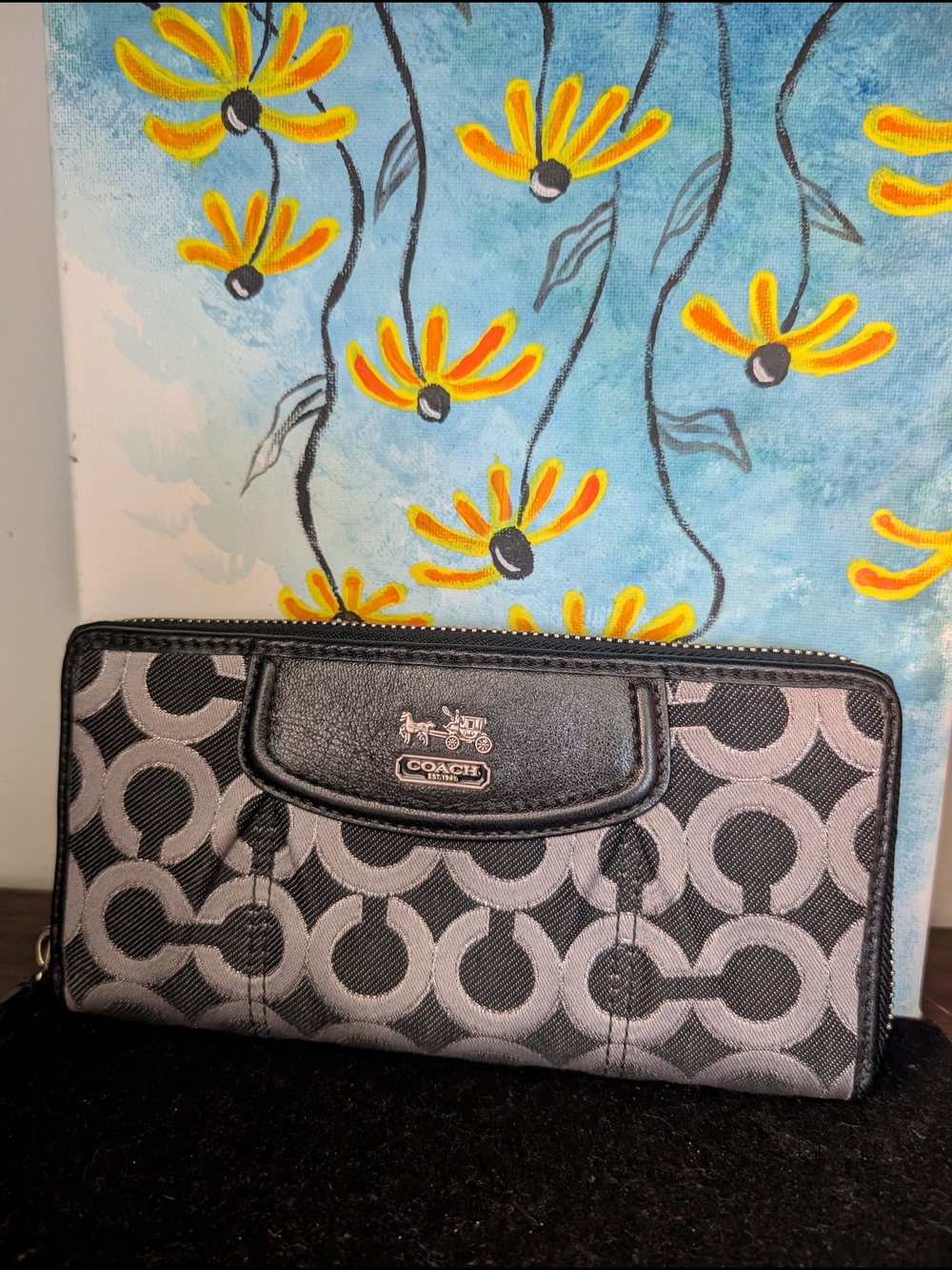 Coach Black & Gray Signature Zip Wallet